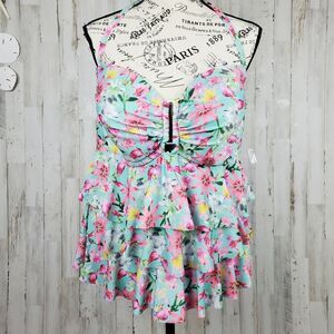 Collections by Catalina Floral Ruffled Swimsuit Top Pink Green Size 1x 16W
